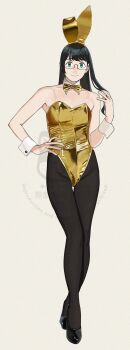 1girl absurdres animal_ear_hairband animal_ears black_hair black_pantyhose black_shoes bow bowtie breasts detached_collar fake_animal_ears full_body glasses gold_bowtie gold_leotard green_eyes grey_background hairband hand_on_own_hip high_heels highres kantai_collection leotard long_hair looking_at_viewer ojipon ooyodo_(kancolle) pantyhose playboy_bunny rabbit_ears see-through_strap semi-rimless_eyewear shoes simple_background small_breasts solo strapless strapless_leotard thigh_gap under-rim_eyewear wrist_cuffs