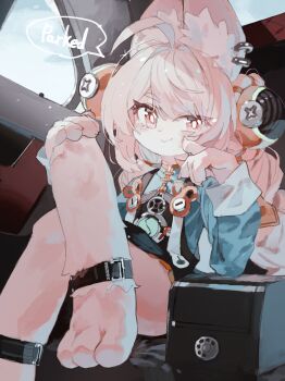 1girl absurdres animal_ear_fluff animal_ears animal_feet barefoot blue_jacket braid closed_eyes commentary furry furry_female hair_ornament highres jacket long_hair long_sleeves looking_at_viewer pink_eyes pink_fur pink_hair rabbit_ears rabbit_girl sitting smile solo speech_bubble sphere_hair_ornament twin_braids very_long_hair watakokyu zenless_zone_zero zhao_(zenless_zone_zero)