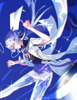 1girl absurdres breasts chinese_commentary chromatic_aberration colored_eyelashes commentary_request covered_navel dress earrings feet_out_of_frame from_side gradient_clothes gradient_dress grey_hair hands_up highres jacket jewelry long_hair looking_down mornye_(wuthering_waves) purple_dress red_eyes see-through_body small_breasts solo tianqing_miaofa_hao triangle_earrings white_jacket wuthering_waves