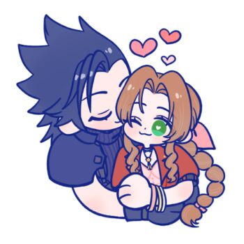 Rule 34 | 105zz, 1boy, 1girl, ;3, aerith gainsborough, armor, bangle, black hair, blush, bracelet, braid, braided ponytail, brown hair, closed mouth, commentary request, couple, crisis core: final fantasy vii, cropped torso, drill hair, drill sidelocks, final fantasy, final fantasy vii, final fantasy vii remake, green eyes, hair ribbon, heart, heart-shaped pupils, hetero, hug, hug from behind, jacket, jewelry, kiss, kissing cheek, long hair, lowres, one eye closed, pink ribbon, ponytail, red jacket, ribbed sweater, ribbon, shoulder armor, sidelocks, simple background, sleeveless, sleeveless turtleneck, smile, spiked hair, sweater, symbol-shaped pupils, turtleneck, turtleneck sweater, upper body, white background, zack fair