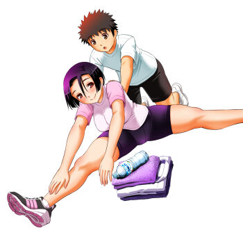 1boy 1girl behind_another black_shorts bottle breasts brown_eyes brown_hair commentary_request exercising folded_clothes foot_out_of_frame highres kneeling kodera_aoi large_breasts looking_at_another looking_at_viewer pink_shirt pink_shoes purple_hair purple_shorts pushing saotome_hodaka shirt shoes short_hair short_sleeves shorts simple_background sogabe_toshinori split tower water_bottle white_background white_shirt white_shoes yankee_jk_kuzuhana-chan