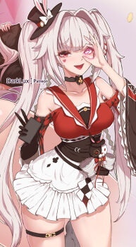 1girl black_choker black_gloves black_hat breasts cellphone choker clothing_cutout collarbone cowboy_shot darklux facial_mark fang frilled_skirt frills gloves hat hat_ornament heart heart_facial_mark heterochromia highres holding holding_phone honkai:_star_rail honkai_(series) large_breasts long_hair long_sleeves looking_at_viewer mini_hat ok_sign ok_sign_over_eye open_mouth phone rabbit_hat_ornament red_sleeves shoulder_cutout single_glove skirt solo sparkle_(honkai:_star_rail) sparxie_(honkai:_star_rail) standing thigh_strap twintails v white_hair white_skirt wide_sleeves
