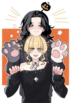 2girls :3 black_hair black_hoodie blonde_hair collarbone earrings hood hood_down hoodie jewelry long_hair mole mole_above_mouth multiple_girls paw_pose real_life sasaki_rico_(voice_actor) short_hair single_off_shoulder sleeves_past_wrists upper_body voice_actor xiaowu0074 yonezawa_akane