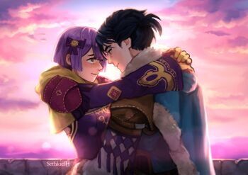 1boy 1girl aqua_cape artist_name balcony bernadetta_von_varley bernadetta_von_varley_(timeskip) black_hair bow breasts cape closed_mouth cloud couple earrings eye_contact felix_hugo_fraldarius felix_hugo_fraldarius_(timeskip) fire_emblem fire_emblem:_three_houses fur-trimmed_cape fur_trim gloves grey_eyes hair_bow hetero highres hug jewelry long_sleeves looking_at_another nintendo outdoors purple_bow purple_hair sethkiel short_hair small_breasts smile watermark white_fur yellow_gloves