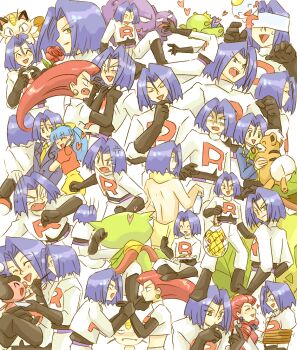 1boy 2girls aged_down alternate_costume anger_vein bad_id bad_pixiv_id bdsm blue_hair blush bondage bonsly bound cacnea cameo carnivine chimecho clothes_writing disappointed earrings eating elbow_gloves fang femdom flower gen_1_pokemon gen_3_pokemon gen_4_pokemon gloves green_eyes growlithe heart holding james_(pokemon) jessebelle_(pokemon) jessie_(pokemon) jewelry meowth mime_jr. multiple_expressions multiple_girls multiple_persona net nintendo on_head pikachu poke_ball poke_ball_(basic) pokemon pokemon_(anime) pokemon_(classic_anime) pokemon_(creature) pokemon_dppt_(anime) pokemon_ep048 pokemon_on_head pokemon_rse_(anime) red_flower red_hair red_rose reference_sheet rope rose scared smile surprised sweatdrop team_rocket teardrop temacu_(pokemon) topless_female usao_(313131) weezing