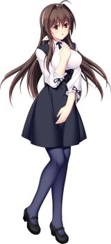 1girl ahoge black_pantyhose black_ribbon black_skirt blue_pantyhose blush bow_hairband breasts brown_eyes brown_hair casual collared_shirt dress_shirt floating_hair full_body game_cg hair_between_eyes hair_intakes hair_ribbon hairband high-waist_skirt high_heels highres large_breasts large_variant_set long_hair long_sleeves looking_at_viewer maishima_yuri mary_janes medium_skirt miniskirt neck_ribbon nerawareta_megami_tenshi_angel_tear non-web_source official_art open_mouth pantyhose pumps ribbon shirt shoes skirt solo standing straight_hair tachi-e transparent_background tsukumo_kazuita underbust variant_set very_long_hair virgin_killer_outfit white_hairband white_ribbon white_shirt wing_collar