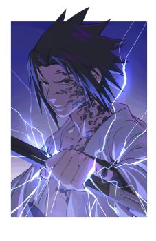 1boy black_eyes black_hair border chidori_(naruto) closed_mouth curse_seal electricity electrokinesis highres holding holding_weapon lips looking_at_viewer male_focus naruto_(series) outside_border short_hair solo tinh_daubuoi uchiha_sasuke upper_body weapon white_border