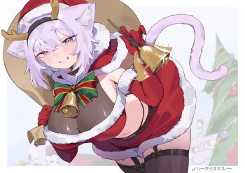 1girl animal_ear_fluff animal_ears antlers black_garter_straps black_panties black_thighhighs breasts capelet cleavage closed_mouth commentary_request elbow_gloves fake_animal_ears fur-trimmed_capelet fur-trimmed_gloves fur-trimmed_jacket fur-trimmed_tube_top fur_trim garter_straps gloves hat highres hololive horns jacket jknor large_breasts looking_at_viewer medium_hair nekomata_okayu onigirya_(nekomata_okayu) panties purple_eyes purple_hair red_capelet red_gloves red_tube_top reindeer_antlers santa_costume santa_hat smile solo strapless thighhighs tube_top underwear virtual_youtuber
