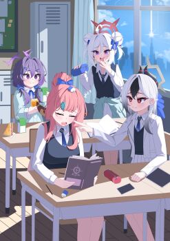 4girls 82jhin absurdres alternate_costume alternate_hairstyle aru_(blue_archive) black_hair blue_archive blue_bow blue_necktie blue_sweater_vest bow cheek_poking classroom clothes_around_waist collared_shirt commentary_request desk double_bun drink_carton drinking eating eraser food gradient_hair grey_hair hair_bow hair_bun halo haruka_(blue_archive) highres indoors jacket juice_box kayoko_(blue_archive) kivotos korean_commentary locker long_sleeves multicolored_hair multiple_girls mutsuki_(blue_archive) necktie open_mouth pencil pleated_skirt pointy_ears poking problem_solver_68_(blue_archive) purple_eyes purple_hair sandwich school_desk school_uniform shirt single_hair_bun sitting skirt sleeping smile standing streaked_hair sweater sweater_around_waist sweater_vest white_hair white_jacket white_skirt
