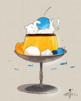 animal cat cherry commentary_request food fruit grey_background highres kazunoko_(kazunoko_zunoco) no_humans orange_(fruit) orange_slice original pudding undersized_animal white_cat