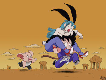 1girl 2boys :o :t animal_ear_hairband animal_ears artist_name black_hair black_leotard blue_hair blue_pantyhose breasts bulma carrying closed_eyes commentary day desert dragon_ball dragon_ball_(classic) english_commentary fake_animal_ears furry furry_male hairband high_heels ian_jones-quartey leotard long_hair monkey_tail multiple_boys oolong open_mouth outdoors pantyhose pig_boy playboy_bunny rabbit_ear_hairband rabbit_ears red_shoes running shoes shoulder_carry signature sleeping son_goku strapless strapless_leotard sweat tail white_wrist_cuffs wrist_cuffs wristband
