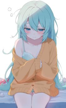 1girl absurdres alternate_costume alternate_hairstyle aqua_bra aqua_panties blush bra breasts brown_sweater closed_mouth collarbone commentary_request hair_between_eyes hatsune_miku helthbuth highres long_hair long_sleeves medium_breasts panties simple_background sitting sleepy straight_hair sweater thighs underwear very_long_hair vocaloid waking_up white_background