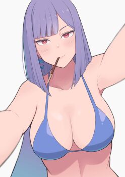 1girl asymmetrical_bangs blush breasts cleavage closed_mouth collarbone commentary_request earrings food food_in_mouth gundam gundam_zz highres jewelry konishiki_(52siki) large_breasts looking_at_viewer medium_hair parted_bangs pocky pocky_in_mouth purple_hair red_eyes roux_louka simple_background smile solo upper_body white_background