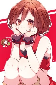 1girl alcohol bare_shoulders beer black_bra blush boots bra breasts brown_boots brown_eyes brown_hair chibi chibi_inset cleavage closed_mouth commentary_request crop_top cropped_jacket feet_out_of_frame highres jacket kaho_0102 looking_at_viewer meiko_(vocaloid) outline red_background red_jacket short_hair sleeveless sleeveless_jacket smile solo squatting translation_request underwear vocaloid white_outline wrist_cuffs