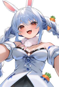 1girl :d absurdres animal_ears black_leotard blue_hair braid breasts carrot_hair_ornament clothing_cutout coat coat_dress commentary detached_sleeves don-chan_(usada_pekora) dress extra_ears food-themed_hair_ornament fur-trimmed_coat fur_scarf fur_trim hair_ornament highres hololive leotard leotard_under_clothes long_hair multicolored_hair open_mouth orange_eyes playboy_bunny puffy_detached_sleeves puffy_short_sleeves puffy_sleeves rabbit-shaped_pupils rabbit_ears rabbit_girl scarf short_eyebrows short_sleeves shuvi_(shuvi1125) sidelocks simple_background small_breasts smile solo strapless strapless_leotard swept_bangs symbol-shaped_pupils teeth thick_eyebrows twin_braids two-tone_hair underboob_cutout upper_teeth_only usada_pekora usada_pekora_(1st_costume) virtual_youtuber white_background white_coat white_hair white_scarf white_sleeves