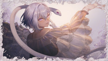 1girl arm_up bare_shoulders black_dress breasts commentary_request dress finger_to_mouth framed from_behind gloves grin hair_between_eyes hand_on_own_cheek hand_on_own_face hand_up highres looking_at_viewer looking_back mashutarou_(neko_no_oyashiro) medium_hair purple_eyes r_project reaching scales see-through_clothes silver_hair smile snake solo_focus upper_body virtual_youtuber white_gloves white_snake yatono_levi