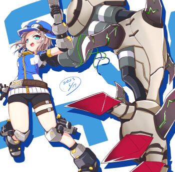 1girl brown_hair cosmic_break elcott gloves goggles goggles_on_head green_eyes gun hat heirou_enterprise highres holding holding_gun holding_weapon mechanical_arms open_mouth short_hair shorts single_mechanical_arm smile weapon