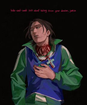 1boy bleeding blood blue_vest brown_hair commentary cowboy_shot cross_pendant english_commentary green_track_suit hand_on_own_chest hand_up highres jewelry looking_to_the_side male_focus nam-gyu necklace parted_lips sadbuttruedog02 short_hair slit_throat solo squid_game track_suit vest