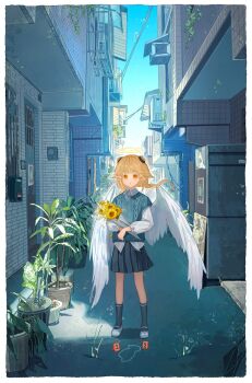 1girl angel angel_wings black_skirt black_socks blonde_hair blue_sky blue_sweater bouquet braid building collared_shirt commentary_request feathered_wings flower gradient_sky halo highres holding holding_bouquet horns long_hair long_sleeves looking_at_viewer low_twin_braids orange_eyes original plant pleated_skirt pointy_ears potted_plant shirt shoes short_sleeves shuilantao skirt sky socks solo sweater twin_braids urban white_shirt white_shoes white_wings wings yellow_flower