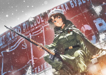 1girl battle_rifle belt_buckle boots brown_hair buckle coat cyrillic dutch_angle female_focus fur_hat gun hat holster looking_at_viewer looking_down lyudmila_pavlichenko medal military military_uniform original overcoat real_life rifle russia russian_clothes russian_text short_hair siqi_(miharuu) sitting sky sniper sniper_rifle snow snowing solo soviet soviet_flag star_(symbol) svt_40 translated ushanka weapon