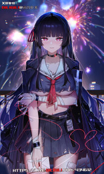 1girl absurdres aerial_fireworks arm_under_breasts artist_name bandaged_arm bandages bandaid bandaid_on_leg black_choker black_hair black_jacket black_serafuku black_shirt black_skirt blood blurry blurry_background blush breasts chinese_commentary chisa_(wuthering_waves) choker closed_mouth collarbone commentary_request cowboy_shot envelope fireworks hair_ribbon highres holding holding_envelope holding_own_arm huade_xiami id_card jacket jacket_on_shoulders letter long_hair looking_at_viewer love_letter mole mole_under_eye night no_bra outdoors red_eyes red_ribbon ribbon sailor_collar school_uniform serafuku shirt skirt smile solo straight-on string string_of_fate tacet_mark_(wuthering_waves) thighs torn_clothes torn_shirt torn_skirt underboob very_long_hair watermark web_address white_sailor_collar wuthering_waves