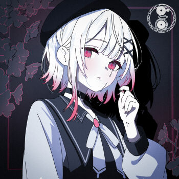 1girl beret black_choker black_hat choker commentary crying crying_with_eyes_open gokuchou gradient_hair hair_ornament hat highres looking_at_viewer lumina_(1umin4) magical_girl mahou_shoujo_no_majo_saiban multicolored_hair parted_lips pink_eyes pink_hair playing_with_own_hair sakuraba_ema shirt solo streaming_tears tears white_hair white_shirt x_hair_ornament