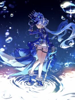 1girl absurdres ascot asymmetrical_gloves blue_ascot blue_gemstone blue_hair blue_hat blue_jacket brooch bubble commentary_request cowlick furina_(genshin_impact) garter_straps gem genshin_impact gloves hat high_heels highres holding holding_sword holding_weapon hozumi_rino hydro_symbol_(genshin_impact) jacket jewelry mismatched_gloves multicolored_hair shorts solo splendor_of_tranquil_waters_(genshin_impact) standing streaked_hair sword thigh_strap top_hat water watermark weapon white_shorts