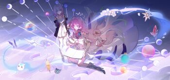 2girls as_i&#039;ve_written_(honkai:_star_rail) bare_shoulders beibeishanfeng blue_eyes book breasts coin commentary_request crystal cyrene_(aedes_elysiae)_(honkai:_star_rail) cyrene_(honkai:_star_rail) cyrene_(ripples_of_past_reverie)_(honkai:_star_rail) dress dual_persona green_hair hair_ornament high_heels highres holding holding_quill honkai:_star_rail honkai_(series) jewelry long_hair medium_breasts mem_(honkai:_star_rail) multicolored_hair multiple_girls necklace open_book pink_hair planet planetary_ring purple_eyes quill short_hair sitting small_breasts two-tone_hair very_long_hair white_dress white_hair