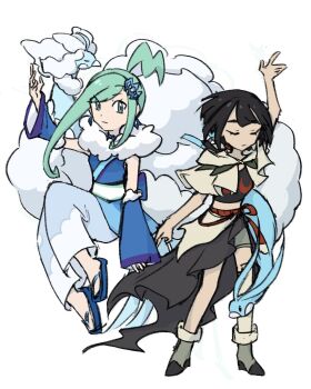 2girls altaria alternate_costume arm_up asymmetrical_sidelocks black_hair blue_sandals boots closed_eyes closed_mouth commentary detached_sleeves expressionless gen_3_pokemon green_eyes green_hair hair_ornament highres lisia_(pokemon) multiple_girls nintendo pokemon pokemon_(creature) pokemon_oras ponytail sandals scarf shirt shorts sidelocks simple_background skirt standing white_background white_scarf xlii_idk zinnia_(pokemon)