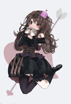 1girl asymmetrical_legwear black_dress blob brown_eyes brown_hair centi_(nimu) corset detached_sleeves dress envelope heart heart-shaped_pupils highres holding holding_letter indie_virtual_youtuber letter long_hair love_letter nimu_(vtuber) off-shoulder_dress off_shoulder solo symbol-shaped_pupils thighhighs virtual_youtuber yubbiidraw