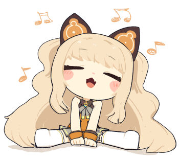 1girl :d animal_ears bare_shoulders blonde_hair blush_stickers cat_ears cat_girl chibi chibi_only closed_eyes commentary fang full_body grey_skirt highres jaggy_lines konohoshi long_hair miniskirt musical_note no_shoes open_mouth orange_shirt pleated_skirt seeu shirt simple_background sitting skin_fang skirt sleeveless sleeveless_shirt smile solo thighhighs very_long_hair vocaloid white_background white_thighhighs wrist_cuffs