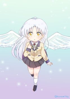 Rule 34 | 1girl, :o, angel, angel beats!, angel wings, aqua background, black shoes, blush, collared shirt, commentary, eyes visible through hair, feathered wings, flying, full body, gradient background, hair between eyes, hand up, highres, jacket, kneehighs, knees together feet apart, konomi (konomi00e), loafers, long hair, long sleeves, looking at viewer, neck ribbon, open mouth, parted bangs, ribbon, school uniform, shirt, shoes, simple background, socks, solo, tachibana kanade, upturned eyes, very long hair, white hair, white shirt, white socks, white wings, wings, yellow eyes, yellow jacket, yellow ribbon