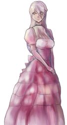 Rule 34 | 1girl, bmp-to-png conversion, braid, breasts, choker, cleavage, closed mouth, dress, elbow gloves, expressionless, frederika (mon-musu quest!), french braid, game cg, gloves, hair between eyes, large breasts, long hair, looking at viewer, mon-musu quest!, non-web source, pink dress, puffy short sleeves, puffy sleeves, short sleeves, simple background, solo, spoilers, transparent background, un do, victorian, white gloves, white hair, yellow eyes