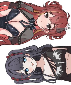 2girls :o :p absurdres ahoge akane_lize armpit_crease black_bow black_bowtie black_bustier black_hair black_shirt blue_eyes blush bow bowtie breasts breasts_squeezed_together bustier capelet cleavage closed_mouth collarbone commentary crop_top crop_top_overhang cropped_shirt crown double-parted_bangs duda_(duda1) earrings eyes_visible_through_hair grey_capelet grey_eyes grey_ribbon hair_bow hair_ornament hair_ribbon head_tilt heart heart_hair_ornament highres jewelry korean_commentary large_breasts long_hair looking_at_viewer mini_crown mole mole_on_breast mole_under_eye multicolored_hair multiple_girls open_mouth print_shirt red_bow red_hair ribbon rotational_symmetry see-through_capelet see-through_clothes shirayuki_hina shirt side-by-side sideways silver_crown simple_background single_bare_shoulder single_off_shoulder smile stellive streaked_hair swept_bangs tilted_headwear tongue tongue_out torn_clothes torn_shirt two_side_up underboob upper_body virtual_youtuber white_background