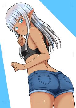 1girl absurdres ass black_bra blue_background blue_eyes blue_shorts blunt_bangs blush bra commentary cowboy_shot dark-skinned_female dark_elf dark_skin denim denim_shorts elf embarrassed from_behind from_below grey_hair highres karla_(kono_healer_mendokusai) kono_healer_mendokusai looking_at_viewer official_art pointy_ears short_shorts shorts solo symbol-only_commentary tannen_ni_hakkou underwear wavy_mouth white_background