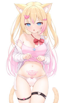 1girl :o absurdres animal_ear_fluff animal_ears blonde_hair blue_eyes bow bow_panties bowtie breasts camisole camisole_lift cat_ears cat_girl cat_tail character_request choppy_bangs cleavage clothes_lift commentary_request commission copyright_request cowboy_shot crossed_bangs curvy gluteal_fold hair_ornament hairclip heart heart_hair_ornament highres large_breasts lifting_own_clothes long_hair looking_at_viewer midriff multicolored_hair navel omiyatei open_clothes open_shirt panties parted_lips pink_camisole pubic_tattoo red_bow red_bowtie second-party_source shirt simple_background single_off_shoulder skeb_commission solo spaghetti_strap standing straight-on strap_slip streaked_hair tail tattoo thigh_gap thigh_strap underwear virtual_youtuber white_background white_panties white_shirt