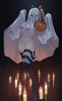 1girl absurdres ahoge artist_name asymmetrical_legwear bed_sheet black_thighhighs blonde_hair breasts candle candlelight censored commentary eonsang food full_body ghost_costume girls'_frontline hair_ribbon hands_up heart heart_censor highres holding holding_food holding_pumpkin holding_vegetable kalina_(girls'_frontline) large_breasts leg_up naked_costume naked_sheet narrow_waist navel nude pumpkin red_ribbon ribbon see-through_silhouette sheet_ghost side_ponytail skindentation solo standing standing_on_one_leg striped_clothes striped_thighhighs symbol-only_commentary thighhighs underboob vegetable white_thighhighs