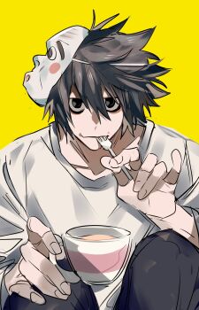 1boy absurdres black_eyes black_hair closed_mouth cup death_note fork hashtag-only_commentary highres holding holding_cup holding_fork knees_up l_(death_note) long_sleeves looking_at_viewer male_focus mask mask_on_head shirt short_hair simple_background sitting solo straight-on upper_body utensil_in_mouth white_shirt xi_luo_an_ya yellow_background