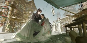 absurdres architecture arm_around_shoulder balcony black_hair black_hanfu blood blood_from_mouth blood_on_clothes blood_on_face blue_sky bowl broken broken_sword broken_weapon canopy_(shelter) carrying carrying_person chair chinese_clothes chopsticks city closed_mouth cooking_pot corpse covering_own_mouth curtained_hair day east_asian_architecture floating from_below full_body furisode_sleeves hair_bun half_updo hanfu hashtag-only_commentary high_ponytail highres holding holding_sword holding_weapon jug liu_qingge long_hair long_sleeves looking_at_another luo_binghe male_focus ming_fan ning_yingying outdoors pagoda parted_bangs parted_lips people perspective ponytail renzha_fanpai_zijiu_xitong road scene_reference shade shen_qingqiu shoes sitting sitting_on_lap sitting_on_person sky spoilers street sword table tile_floor tile_roof tiles umbrella very_long_hair weapon white_hanfu white_shoes wide-eyed wooden_chair wooden_table yunchuan_1013 zuiyin