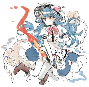 1girl black_hat blue_hair blue_skirt boots brown_boots commentary_request fire flaming_sword flaming_weapon fruit_hat_ornament hat hat_ornament highres hinanawi_tenshi holding holding_sword holding_weapon kaname-ishi lace-up_boots leaf_hat_ornament long_hair mozukuzu_(manukedori) open_mouth peach_hat_ornament puffy_short_sleeves puffy_sleeves red_eyes shirt short_sleeves skirt solo sword sword_of_hisou touhou very_long_hair weapon white_background white_shirt