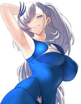 1girl arm_up armpits blue_eyes blue_panties bodystocking braid braided_bangs breasts clenched_teeth commentary covered_navel grey_hair hashtag-only_commentary highres hololive hololive_indonesia large_breasts long_hair looking_at_viewer panties pavolia_reine presenting_armpit si_farid simple_background solo teeth underwear virtual_youtuber white_background