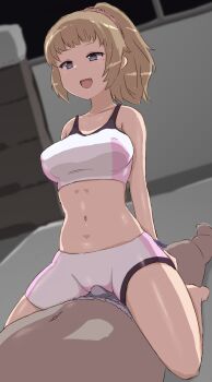 1boy 1girl :d arm_support bare_arms breasts brown_hair bulge covered_erect_nipples cowgirl_position dark-skinned_male dark_skin erection erection_under_clothes girl_on_top grey_eyes gundam gundam_build_fighters gundam_build_fighters_try hetero highres hoshino_fumina indoors large_breasts midriff naughty_face navel open_mouth ponytail scrunchie shorts smile sports_bra sportswear straddling teasing varitora