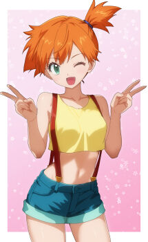 1girl ;d bare_arms bare_shoulders blue_shorts border breasts collarbone cowboy_shot crop_top cropped_shirt denim denim_shorts double_v eyelashes green_eyes green_shorts hands_up highres looking_at_viewer medium_breasts midriff misty_(pokemon) navel nintendo one_eye_closed open_mouth orange_hair pink_background pokemon pokemon_(anime) pokemon_(classic_anime) pokemon_rgby ponytail shirt short_hair short_shorts shorts side_ponytail sleeveless sleeveless_shirt smile solo suspender_shorts suspenders tank_top tarokichi v white_border wink yellow_shirt yellow_tank_top