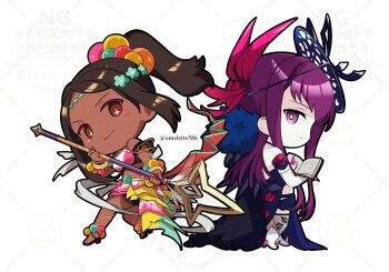 Rule 34 | 2girls, black shorts, book, brown hair, chibi, chibi only, closed mouth, crop top, dark-skinned female, dark skin, dress, elbow gloves, fascinator, female focus, fire emblem, fire emblem engage, full body, gloves, hair ornament, highres, holding, holding book, holding polearm, holding weapon, ivy (fire emblem), komurice, lance, long hair, looking at viewer, matching hair/eyes, multiple girls, nintendo, open book, polearm, ponytail, purple eyes, purple hair, red eyes, shorts, skirt, smile, star-shaped pupils, star (symbol), symbol-shaped pupils, timerra (fire emblem), twitter username, very long hair, weapon, white gloves