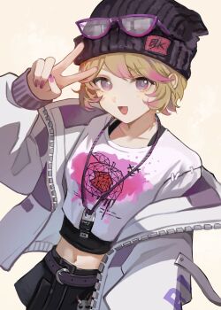 1girl :d beanie black_skirt blonde_hair colored_tips crop_top eyewear_on_headwear glasses hanaochi_pic hat highres identity_v jacket jewelry looking_at_viewer multicolored_hair navel official_alternate_costume open_mouth pendant purple-framed_eyewear purple_eyes purple_hair purple_nails short_hair skirt smile tracy_reznik tracy_reznik_(blk.tracy) v white_jacket