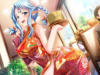 1girl blue_eyes blue_hair blush china_dress chinese_clothes double_bun dress elf game_cg harem_party pointy_ears sofisutia_gushigusu