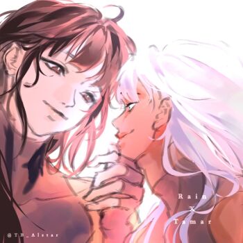 2girls black_eyes black_hair black_shirt hand_on_another's_chin high_collar looking_at_another multiple_girls rain_(shadow_slave) shadow_slave shirt sidelocks sleeveless sleeveless_shirt smile star_lantern tamar_(shadow_slave) upper_body white_eyes white_hair yuri