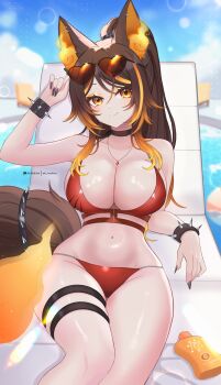 1girl absurdres aki_hoshino animal_ear_piercing animal_ears bikini black_nails bracelet breasts brown_hair chair choker cleavage eyeshadow eyewear_on_head fiery_ears fiery_tail fire heart heart-shaped_eyewear highres indie_virtual_youtuber jewelry large_breasts looking_at_viewer lotion lounge_chair makeup multicolored_hair navel necklace orange_eyes orange_hair ponytail pool red_bikini sinder_(vtuber) smile solo spiked_bracelet spikes streaked_hair sunglasses sunscreen swimsuit tail thick_thighs thigh_strap thighs virtual_youtuber wolf_ears wolf_girl wolf_tail