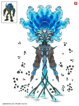 1girl absurdres apoloniodraws armored ben_10 ben_10:_ultimate_alien black_roots blue_fire brown_armor fiery_hair fire flying genderswap genderswap_(mtf) green_eyes highres holding holding_sword holding_weapon looking_at_viewer omnitrix scar scar_on_face sword ultimate_swampfire weapon