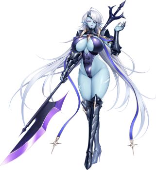 Rule 34 | 1girl, armor, ass, beelzebub (taimanin series), black leotard, blue skin, breasts, cleavage, colored skin, copyright name, curvy, demon girl, eyepatch, full body, grey hair, highleg, highleg leotard, highres, holding, holding weapon, kwata kuwa, large breasts, leotard, lilith-soft, lips, long hair, looking at viewer, official art, parted lips, pointy ears, polearm, red eyes, revealing clothes, shiny skin, shoulder armor, smile, solo, taimanin (series), taimanin rpgx, thong leotard, transparent background, very long hair, weapon, wide hips